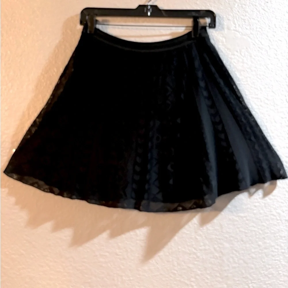 ROBERTO CAVALLI black A-line knit mini skirt Lace hem luxury Italian designer M